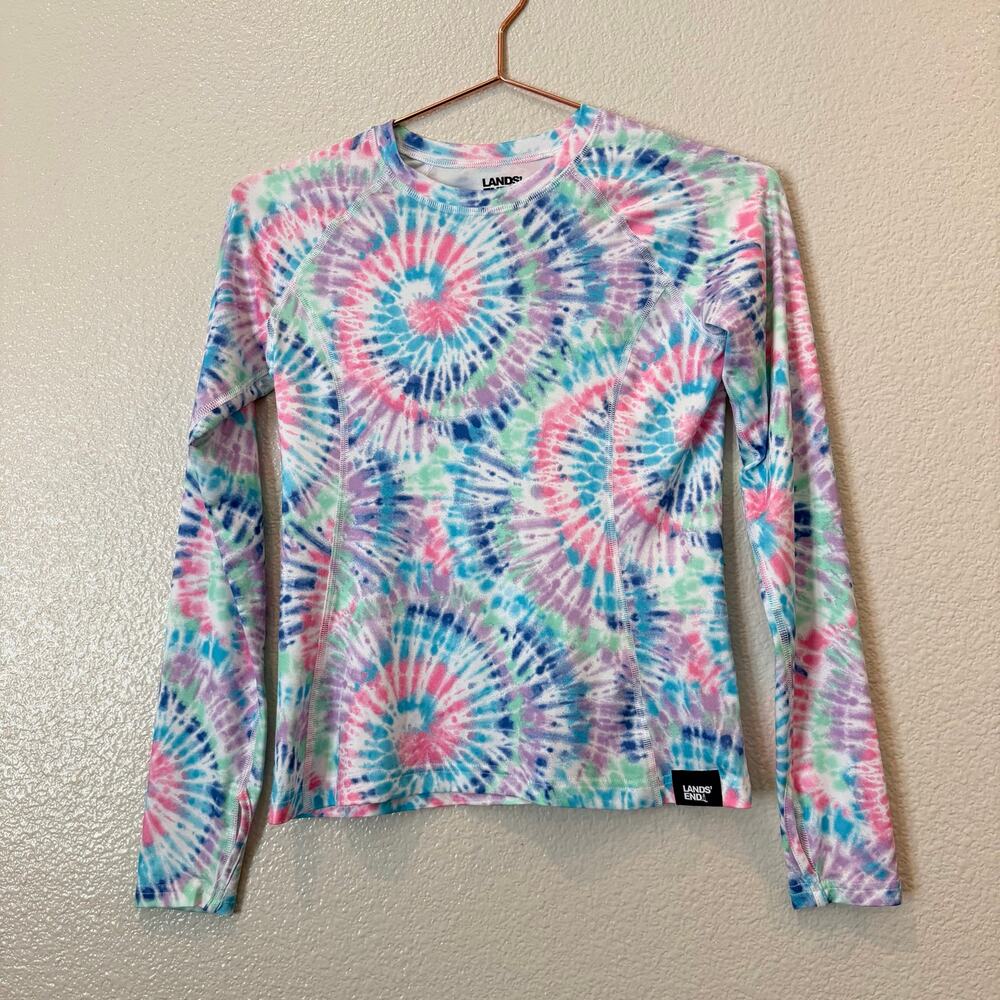 Lands’ End tie dye active tee t-shirt long sleeve pink blue white